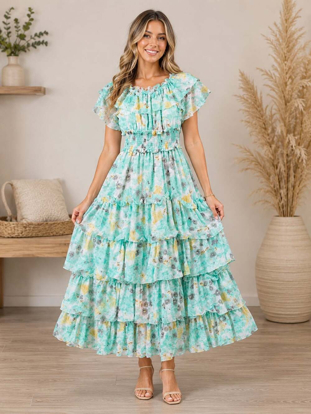 Teal Mint Floral Tiered Ruffle Maxi Dress Small Boho Cottagecore